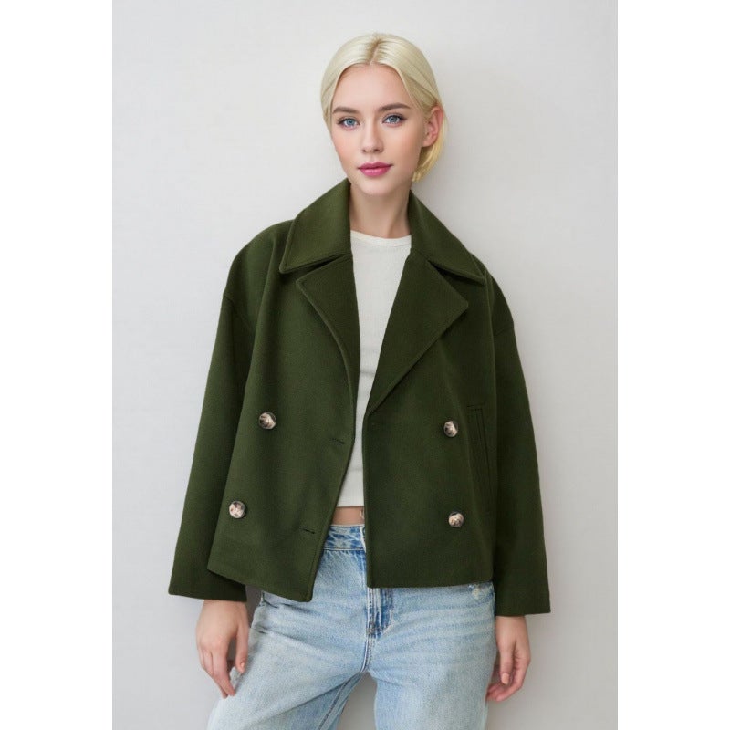 2025 New Autum European and American Style Womens Fashionable Commuter Lapel Double-Breasted Short Woolen Jacket Army green 