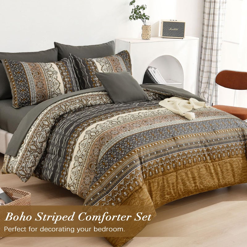 Cottolester Boho King Comforter Set 8 Pieces,Brown Black Bohemian Comforter Paisley Striped Bed in A Bag,Soft Microfiber Bedding Set for All Season - Image 2