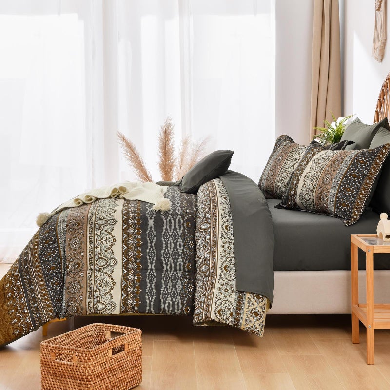 Cottolester Boho King Comforter Set 8 Pieces,Brown Black Bohemian Comforter Paisley Striped Bed in A Bag,Soft Microfiber Bedding Set for All Season - Image 5