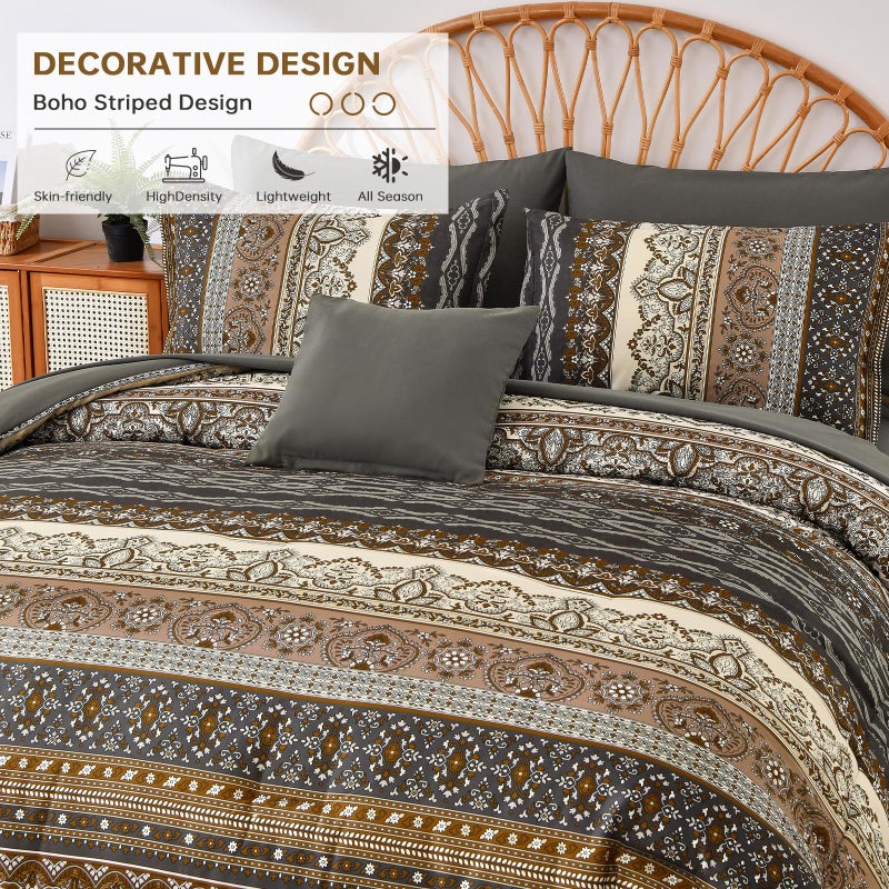 Cottolester Boho King Comforter Set 8 Pieces,Brown Black Bohemian Comforter Paisley Striped Bed in A Bag,Soft Microfiber Bedding Set for All Season - Image 3