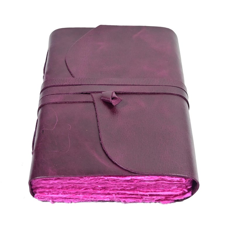 Modest Goods Vintage Purple Leather Journal - 200 Pages Pink Deckle Edge Rustic Paper - Unlined Pages Book of Shadows, Grimoire, Junk Scrapbook, Fantasy Medieval Gifts, Sketchbook (Mystical Purple, 7"x5") - Image 2