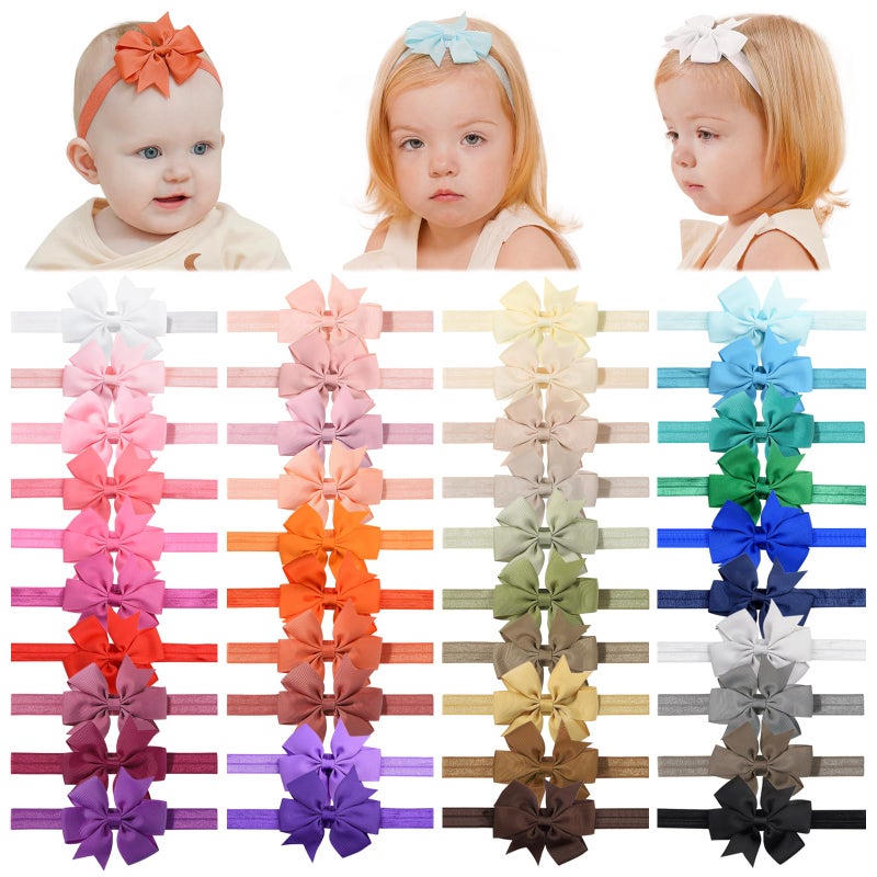 jollybows 40pcs Baby Girls Grosgrain Ribbon Hair Bows Headbands 3" Hair Band Hair Accessories for Infants Newborn Toddler (3- Natural Multi-colored) - Image 1