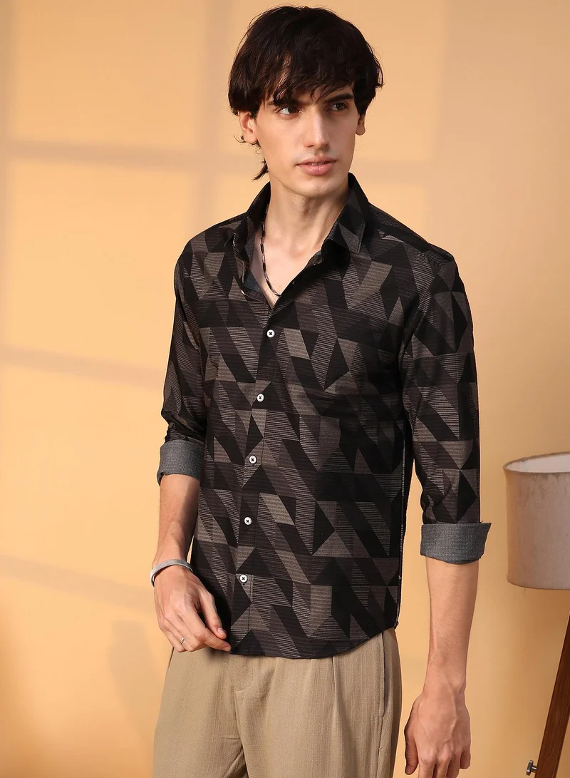 Campus Sutra Men's Midnight Black Geometric Seersucker Shirt