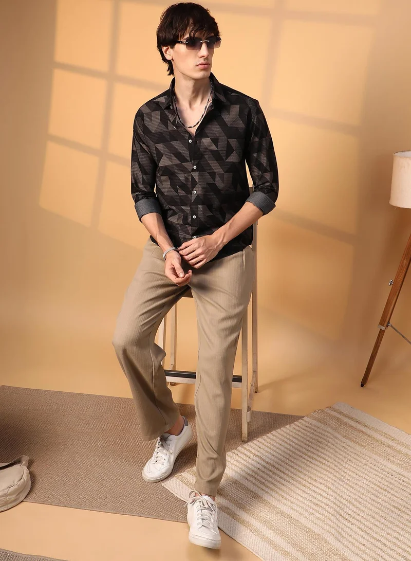 Campus Sutra Men's Midnight Black Geometric Seersucker Shirt