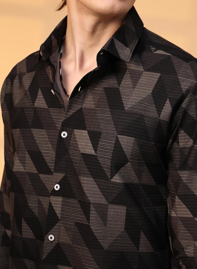 Campus Sutra Men's Midnight Black Geometric Seersucker Shirt