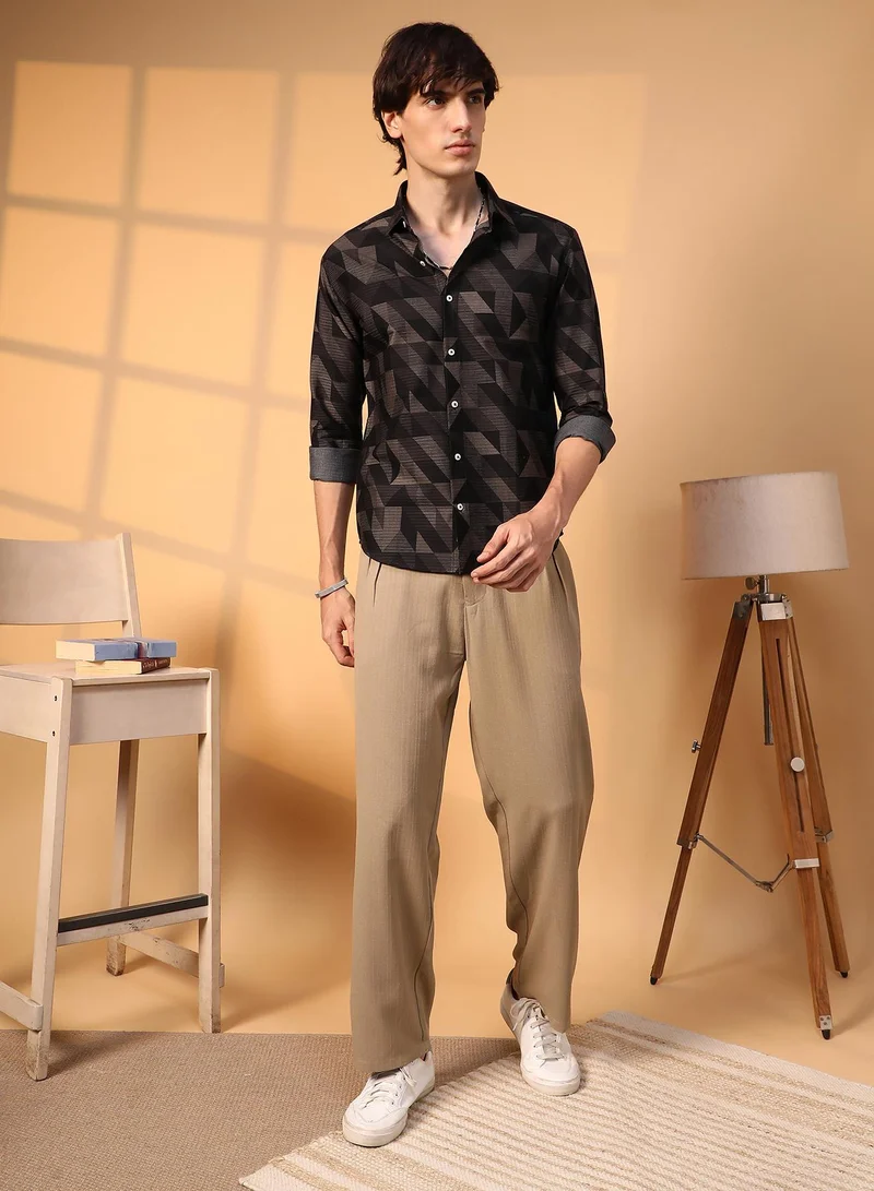 Campus Sutra Men's Midnight Black Geometric Seersucker Shirt