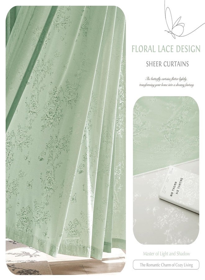 Beauoop Green Floral Jacquard Sheer Curtains 84 Inches Long 2 Panels for Living Room Bedroom Semi Lace Flower Privacy Light Filtering Non-See-Through Velvet Textured Grommet Window Drapes, 52x84 2 Set - Image 3