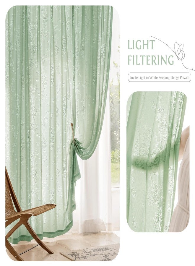 Beauoop Green Floral Jacquard Sheer Curtains 84 Inches Long 2 Panels for Living Room Bedroom Semi Lace Flower Privacy Light Filtering Non-See-Through Velvet Textured Grommet Window Drapes, 52x84 2 Set - Image 4
