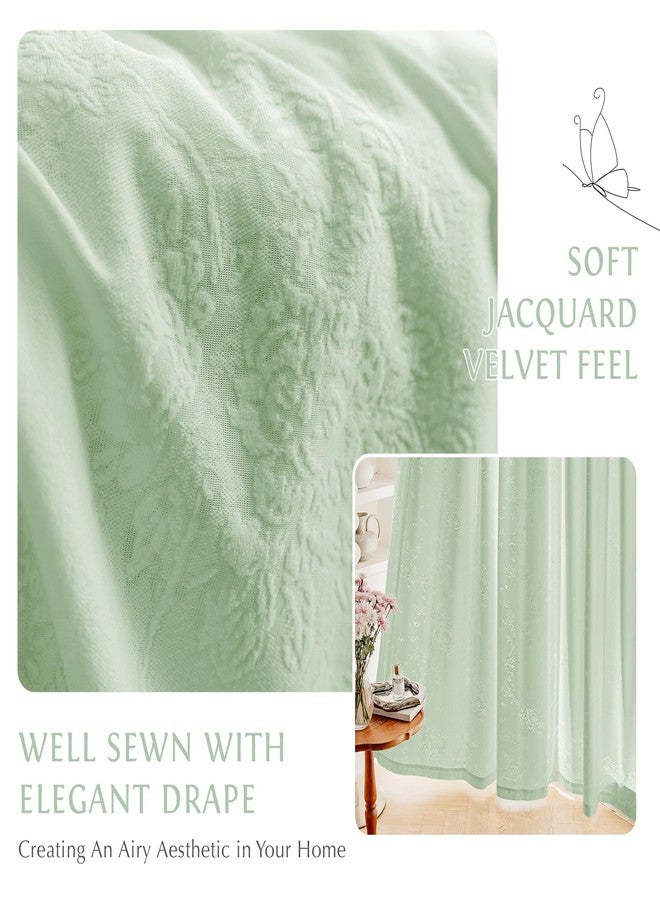 Beauoop Green Floral Jacquard Sheer Curtains 84 Inches Long 2 Panels for Living Room Bedroom Semi Lace Flower Privacy Light Filtering Non-See-Through Velvet Textured Grommet Window Drapes, 52x84 2 Set - Image 2