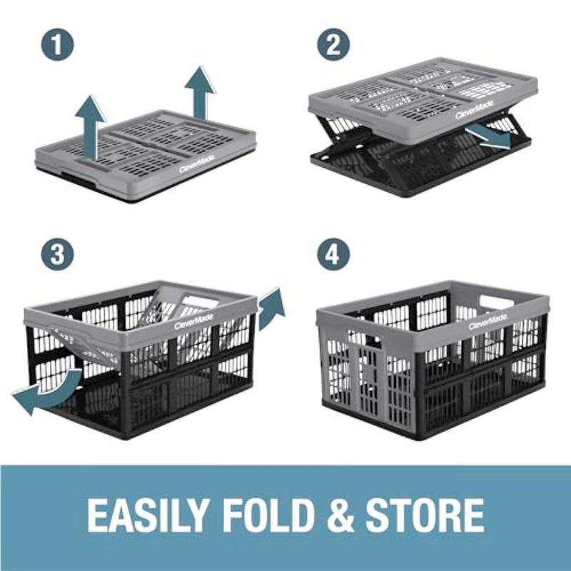 CleverMade Collapsible Utility Crates, - Ocean 3 Pack 45L / 11 Gal, Polypropylene (PP), Holds 66 lbs - Stackable Containers Heavy Duty Capacity Crates Space-Saving Baskets - Image 4