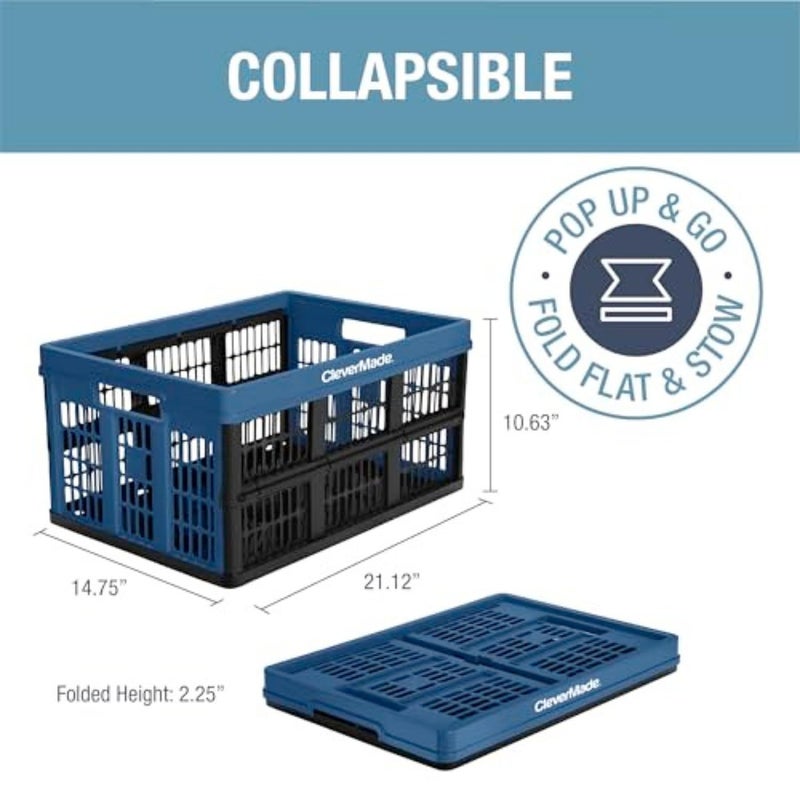 CleverMade Collapsible Utility Crates, - Ocean 3 Pack 45L / 11 Gal, Polypropylene (PP), Holds 66 lbs - Stackable Containers Heavy Duty Capacity Crates Space-Saving Baskets - Image 2