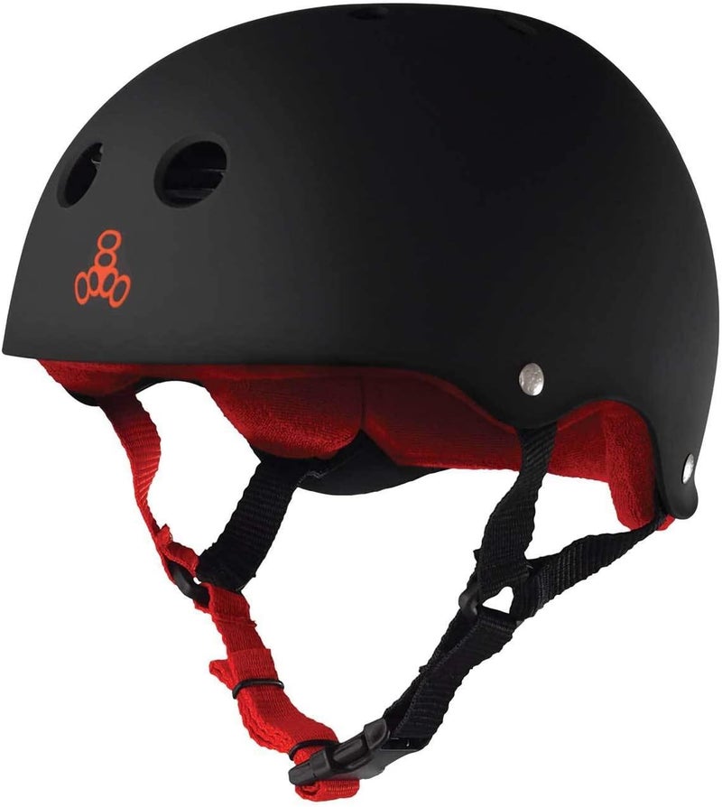 Triple Eight Sweatsaver Liner Skateboarding Helmet in Black Rubber with Red Interior - Image 1