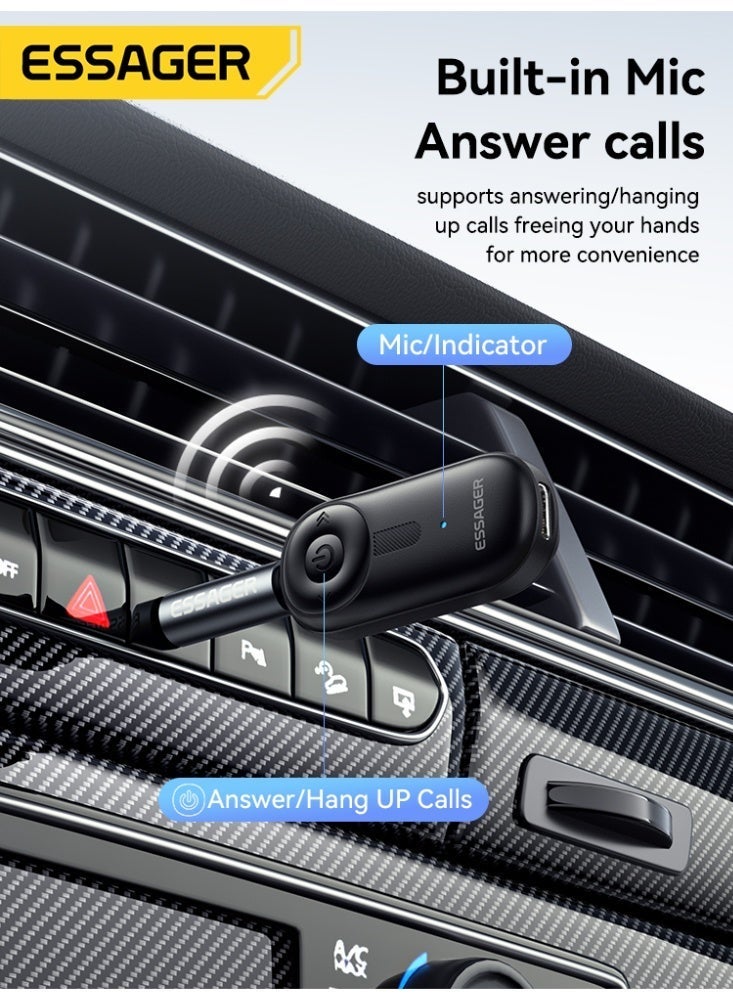 ESSAGER Aux Bluetooth Adapter for Car, Essager Noise Cancelling Bluetooth 5.3 Receiver,Lossless Music USB to 3.5mm Jack Audio Adapter with Built-in Microphone for Car Kits/Home Stereo/Handsfree Call Speaker - Image 2