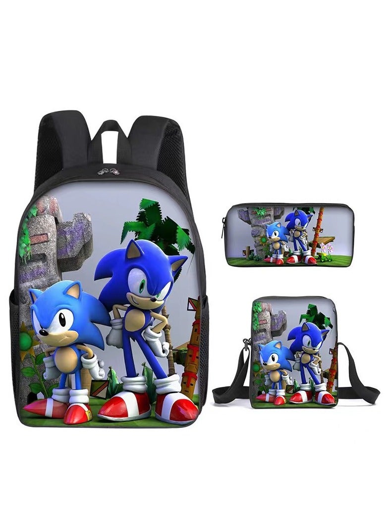 Sonic Primary School Backpack Cartoon Anime Backpack Messenger Bag Pencil Case Three-Piece Set 29*16*42cm