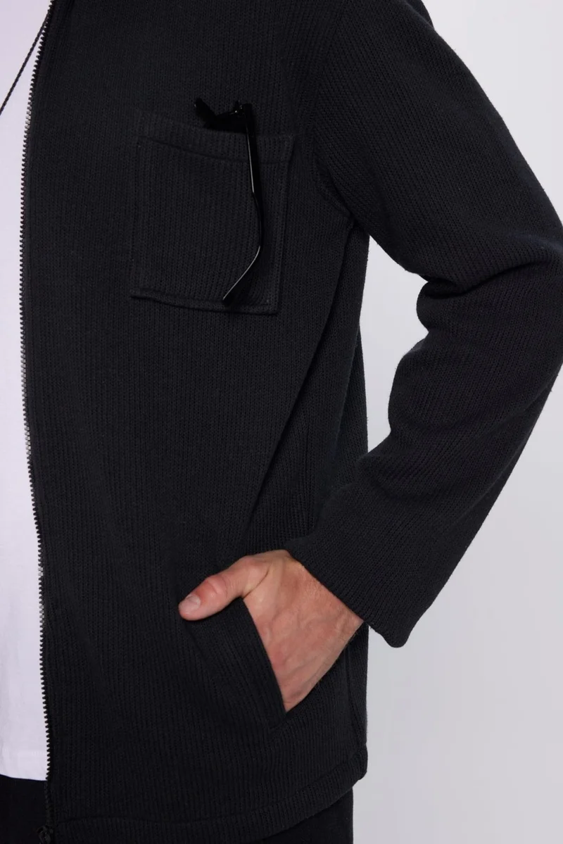 Tudors Men's Relax Fit Casual Cut Knitted Zippered Double Pocket Winter Black Hooded Collar Shirt
