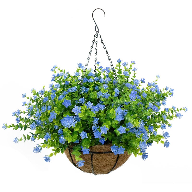 BCBLF Artificial Hanging Flowers Basket, 12 UV-Resistant Bundles of Realistic Fake Flowers, Faux Plants for Outdoor Decor, Home, Garden, Porch, Patio, Spring & Summer Decorations, Blue - Image 1