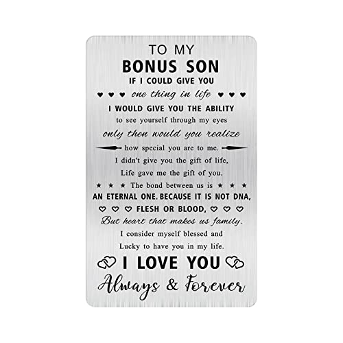 Alotozo Bonus Son Gifts - To My Bonus Son Stainless Steel Wallet Card - Stepson Sentimental Keepsake Gift, Christmas Birthday Gift Idea - Image 1