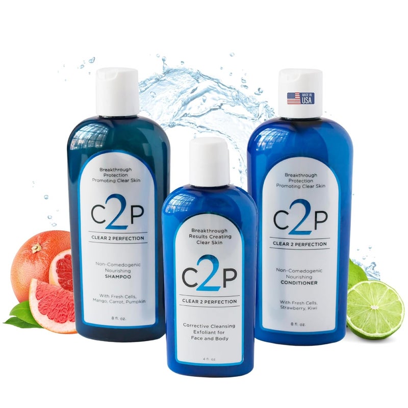 C2P CLEAR 2 PERFECTION Acne Treatment Kit  NonComedogenic Haircare  Skincare Trio  Scrub Shampoo  Conditioner  Ideal for AcneProne Skin  Bacne 