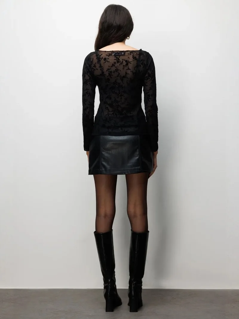 MixRay Black MIXRAY Floral Boat Neck Blouse with Elastic Detail for Women | Best Price UAE