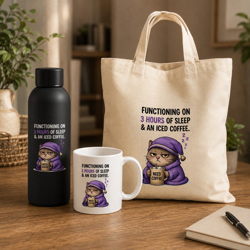 3-Piece Coffee Lover Gift Set, "Functioning on 3 Hours of Sleep & an Iced Coffee" Funny Sleepy Cat Print, Thermal Flask 500 ml + Ceramic Mug + Canvas Tote Bag, Birthday & Office Gift