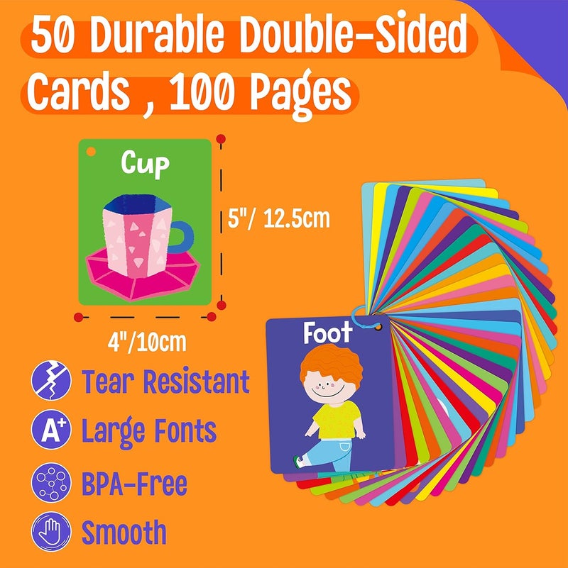 SpriteGru 50 PCS Baby Cognitive Flashcards, Double Sided Printed 7 in 1 Colorful Cards Alphabet, Numbers, Foods, Animals, Shapes, Colors with 3 Reclosable Rings, Learning Tool for Pre-K Kindergarten Toddlers - Image 2