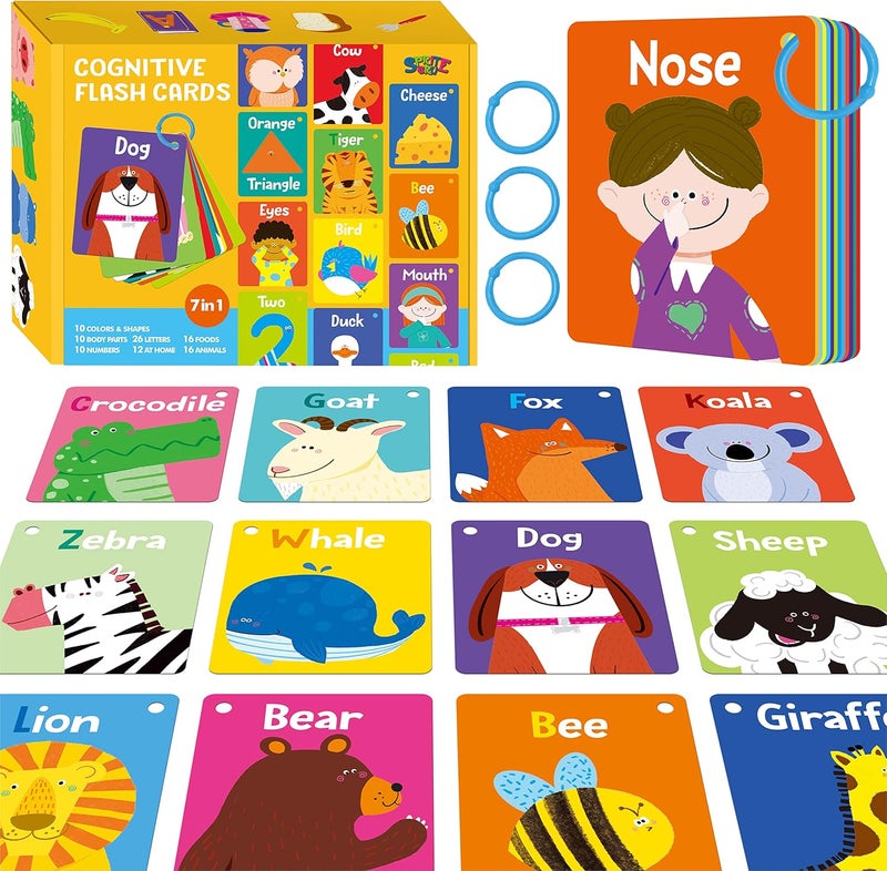 SpriteGru 50 PCS Baby Cognitive Flashcards, Double Sided Printed 7 in 1 Colorful Cards Alphabet, Numbers, Foods, Animals, Shapes, Colors with 3 Reclosable Rings, Learning Tool for Pre-K Kindergarten Toddlers - Image 1