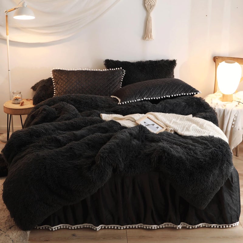 HAIHUA Black Luxury Fluffy Shaggy Duvet CoverCute Faux Fur Comforter Set 1 Duvet Cover  2 Velvet Pillow Cases Fuzzy Bedding 3 Pieces Sets Zipper Closure Black King