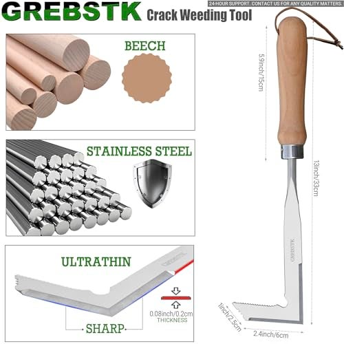 GREBSTK Crack Weeder Crevice Weeding Tool Stainless Steel Manual Weeder Beech Handle Gardening Tool - Image 2