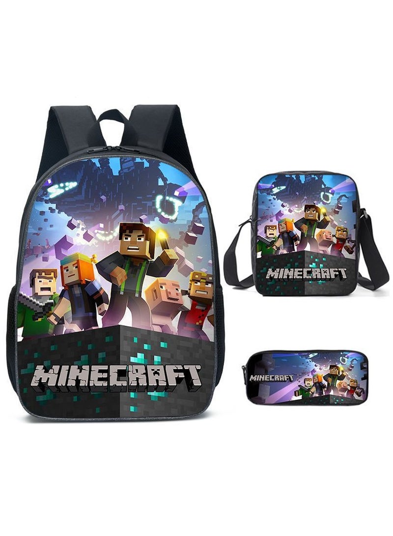 MINECRAFT Digital Printing Large Capacity Backpack Three piece Set Lunch Bag Pen Bag Polyester Comfortable Load Reducing Backpack for Students and Children Unisex - Image 1