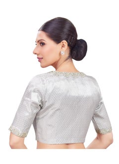 Studio Shringaar Studio Shringaar Women's Elbow Length Sleeves Brocade Embroidered V-Neck Readymade Saree Blouse (Sliver, 34)  - Image 2