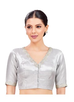 Studio Shringaar Studio Shringaar Women's Elbow Length Sleeves Brocade Embroidered V-Neck Readymade Saree Blouse (Sliver, 34)  - Image 1