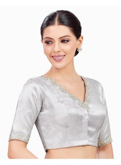 Studio Shringaar Studio Shringaar Women's Elbow Length Sleeves Brocade Embroidered V-Neck Readymade Saree Blouse (Sliver, 34)  - Image 4