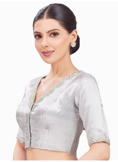 Studio Shringaar Studio Shringaar Women's Elbow Length Sleeves Brocade Embroidered V-Neck Readymade Saree Blouse (Sliver, 34)  - Image 3