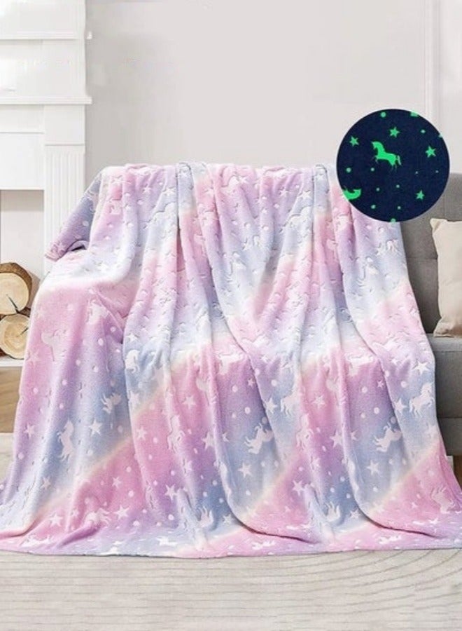 MIXDE Flannel Blanket,Glow in The Dark Blanket,Glow Throw Blanket For Kids,50" x 60" Luminous Unicorn Blanket - Image 1