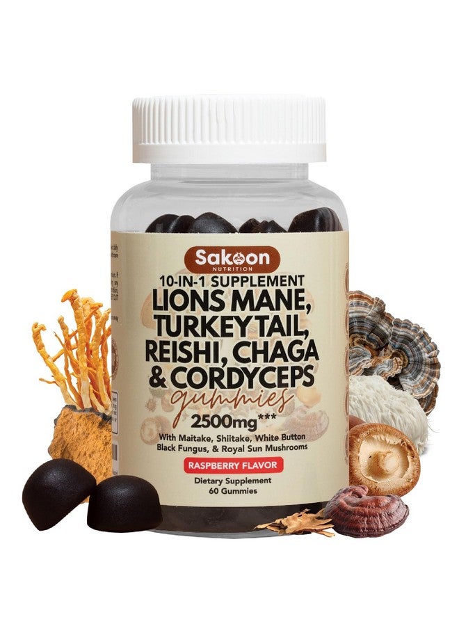 Sakoon nutrition Lions Mane Mushroom Gummies with Turkey Tail, Reishi & More, 2500mg, 60 Count, Raspberry Flavored - Image 1