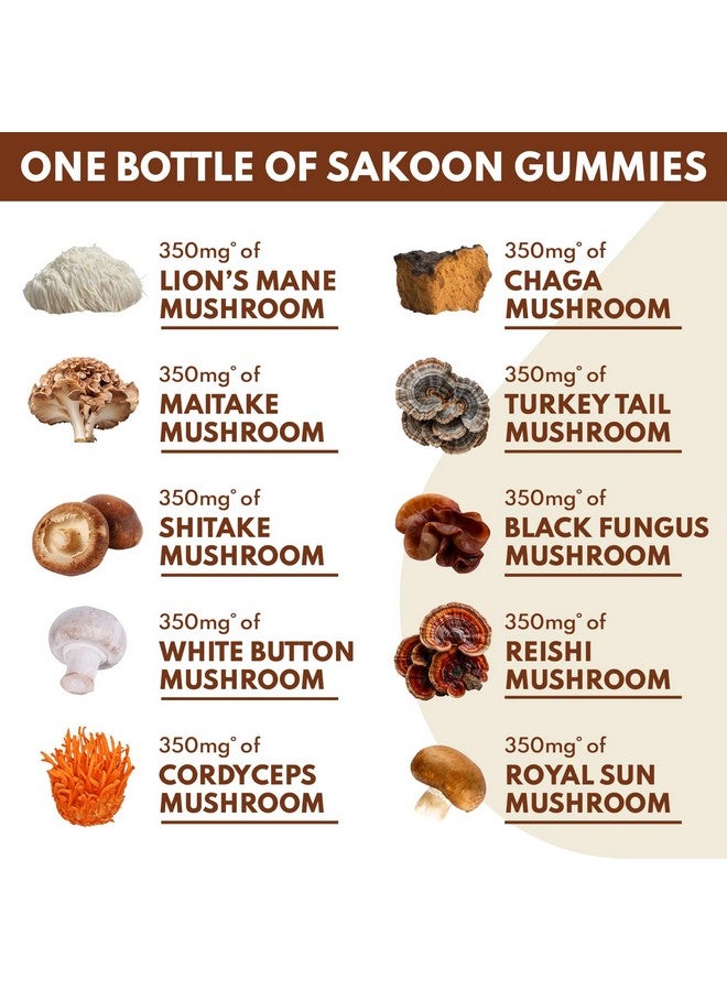 Sakoon nutrition Lions Mane Mushroom Gummies with Turkey Tail, Reishi & More, 2500mg, 60 Count, Raspberry Flavored - Image 3