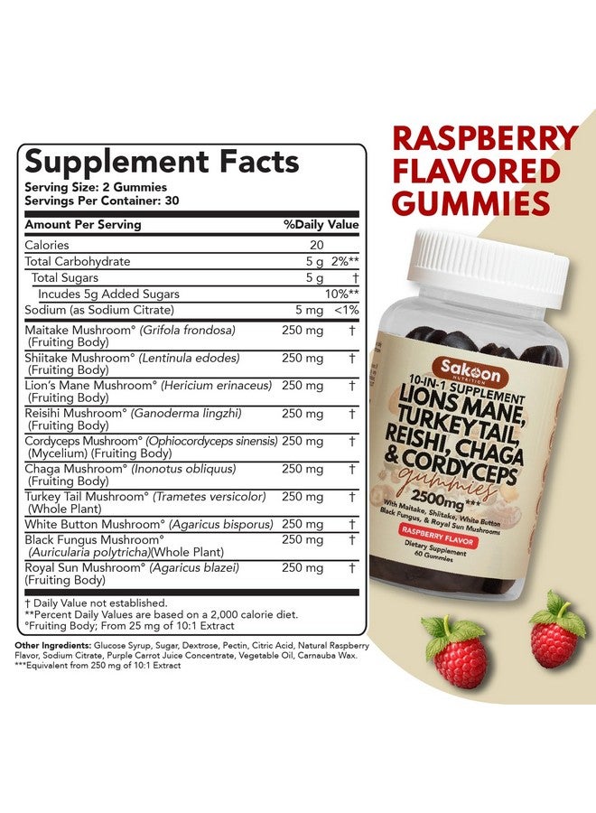 Sakoon nutrition Lions Mane Mushroom Gummies with Turkey Tail, Reishi & More, 2500mg, 60 Count, Raspberry Flavored - Image 2