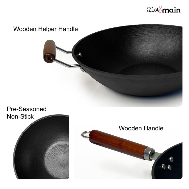 21st & Main Light weight Cast Iron Wok, Stir Fry Pan, Wooden Handle, 14 Inch, chefâ€™s pan, pre-seasoned nonstick, commercial and household, for Chinese Japanese and others Cooking - Image 3