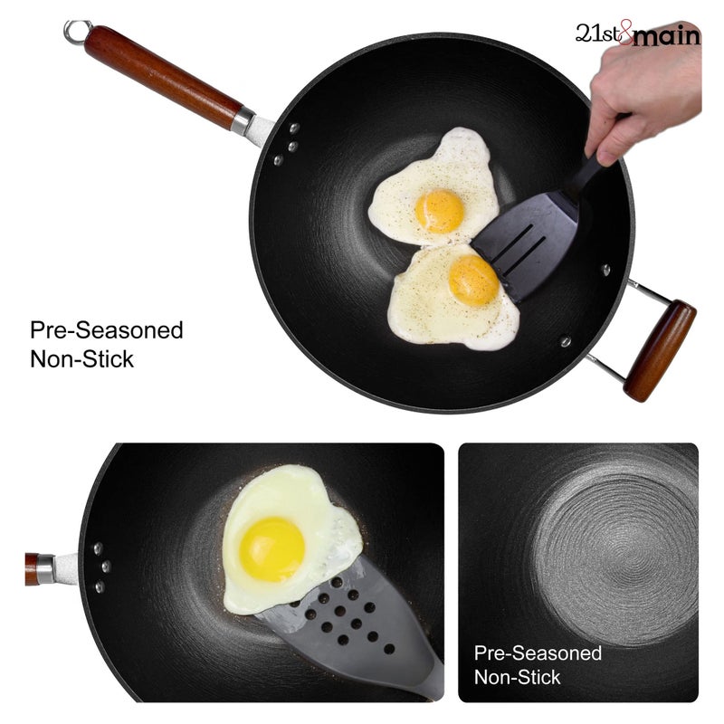 21st & Main Light weight Cast Iron Wok, Stir Fry Pan, Wooden Handle, 14 Inch, chefâ€™s pan, pre-seasoned nonstick, commercial and household, for Chinese Japanese and others Cooking - Image 5