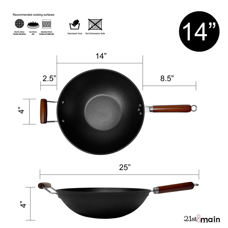21st & Main Light weight Cast Iron Wok, Stir Fry Pan, Wooden Handle, 14 Inch, chefâ€™s pan, pre-seasoned nonstick, commercial and household, for Chinese Japanese and others Cooking - Image 2