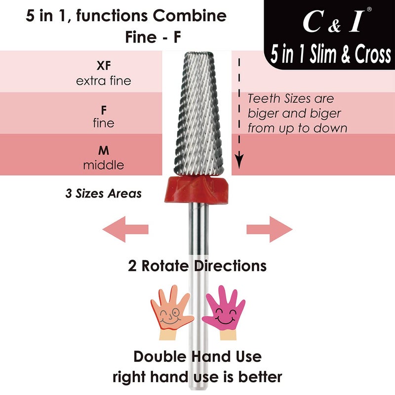 C & I 5 in 1 Nail Drill Bit, Cross & Slim Edition, Professional Nail Drills for Electric Manicure Drill Machine (Fine -F) - Image 2
