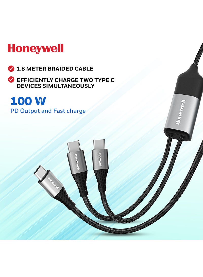 Honeywell Type C To Dual Type C Fast Charging Cable 1.8 Mtr Compatible With Iphone 16/15 Google Pixel Samsung And Oneplus Upto 100W Pd Braided Silver Silver - Image 1