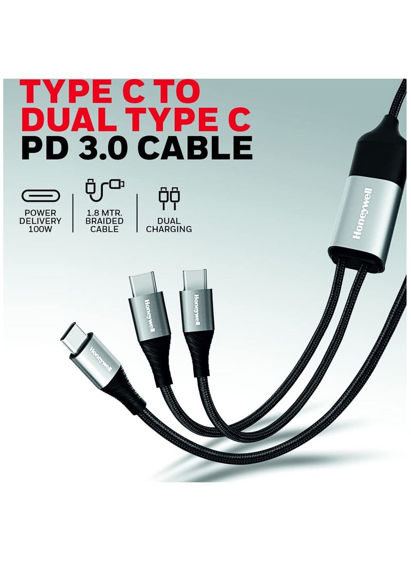 Honeywell Type C To Dual Type C Fast Charging Cable 1.8 Mtr Compatible With Iphone 16/15 Google Pixel Samsung And Oneplus Upto 100W Pd Braided Silver Silver - Image 2
