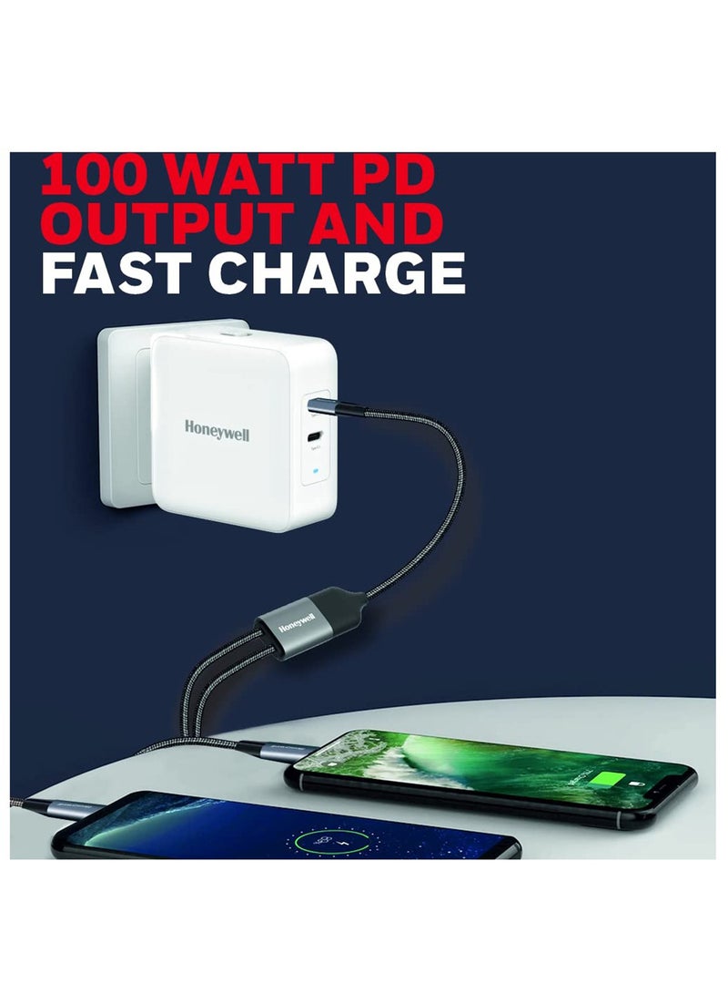 Honeywell Type C To Dual Type C Fast Charging Cable 1.8 Mtr Compatible With Iphone 16/15 Google Pixel Samsung And Oneplus Upto 100W Pd Braided Silver Silver - Image 4