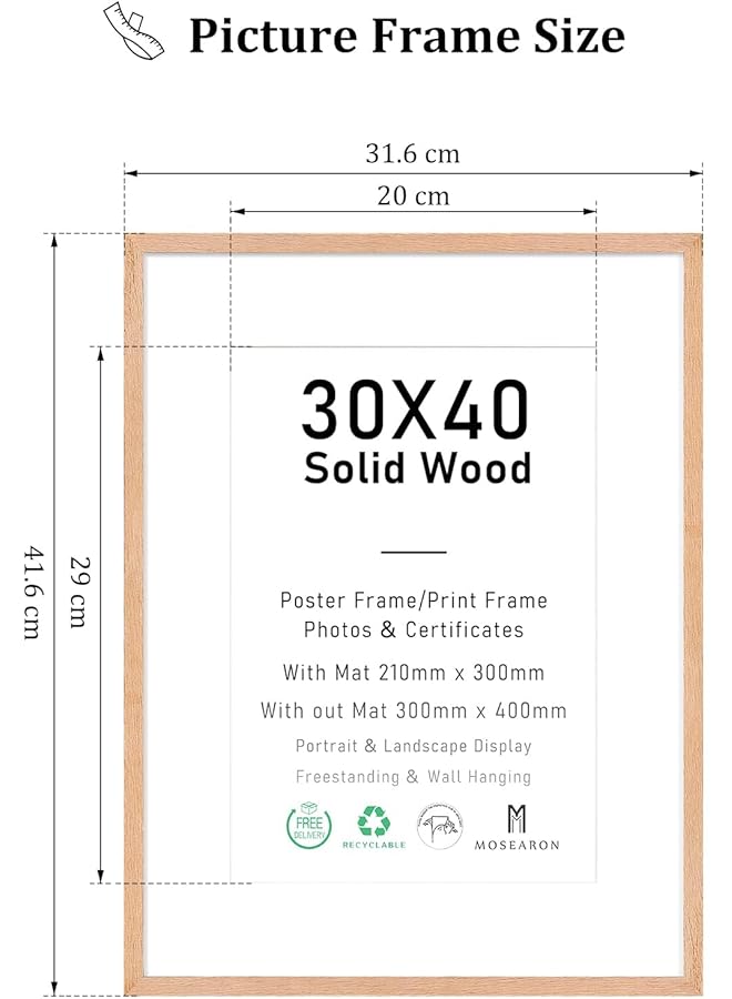 إيروريكس إطار صورة شهادة مقاس 30 × 40 سم، إطار صورة من خشب البلوط مع حامل لإطار ملصق مطبوع مقاس A4 أو 4 × 6 مع زجاج شبكي للعرض على الحائط، مجموعة من قطعتين - Image 2