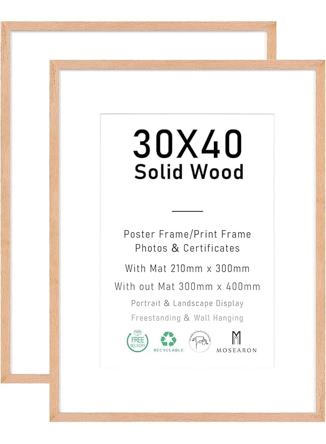 إيروريكس إطار صورة شهادة مقاس 30 × 40 سم، إطار صورة من خشب البلوط مع حامل لإطار ملصق مطبوع مقاس A4 أو 4 × 6 مع زجاج شبكي للعرض على الحائط، مجموعة من قطعتين - Image 1