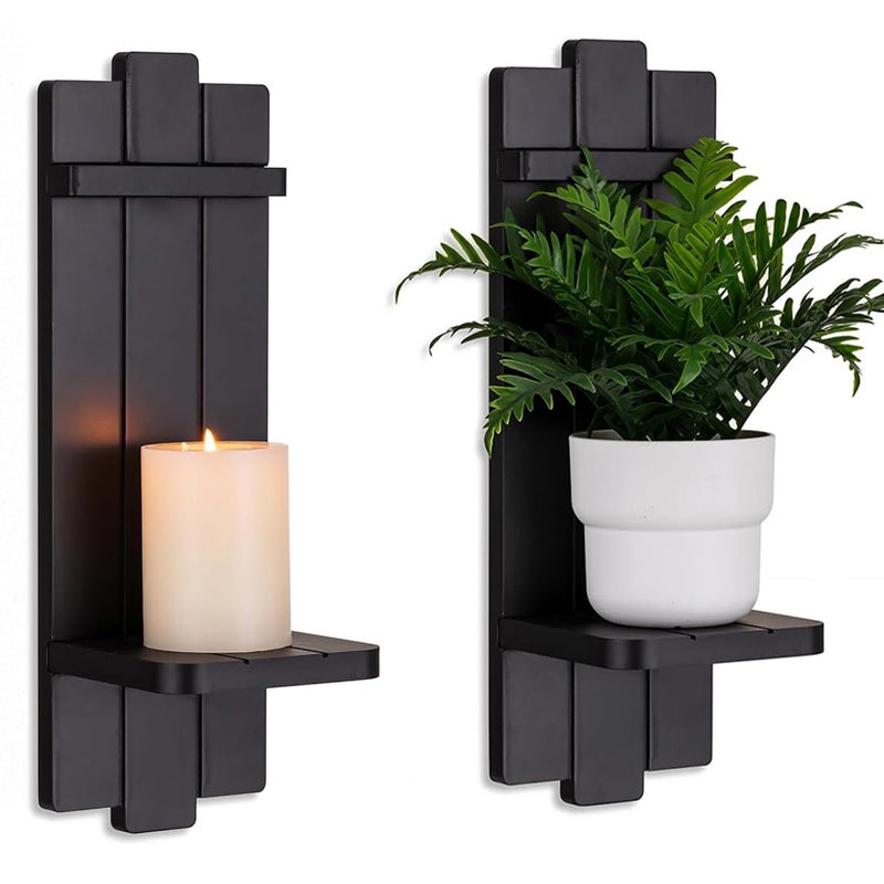 Walasis Candle Sconces Black Wall Decor Set of 2 - Wood Wall Candle Holders Set of Two for Small Plants Pillar Candles Tealight - Gothic Distressed Decor for Living Room - Image 1
