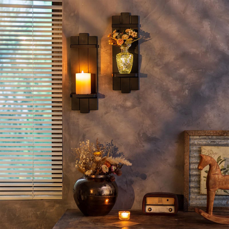 Walasis Candle Sconces Black Wall Decor Set of 2 - Wood Wall Candle Holders Set of Two for Small Plants Pillar Candles Tealight - Gothic Distressed Decor for Living Room - Image 3