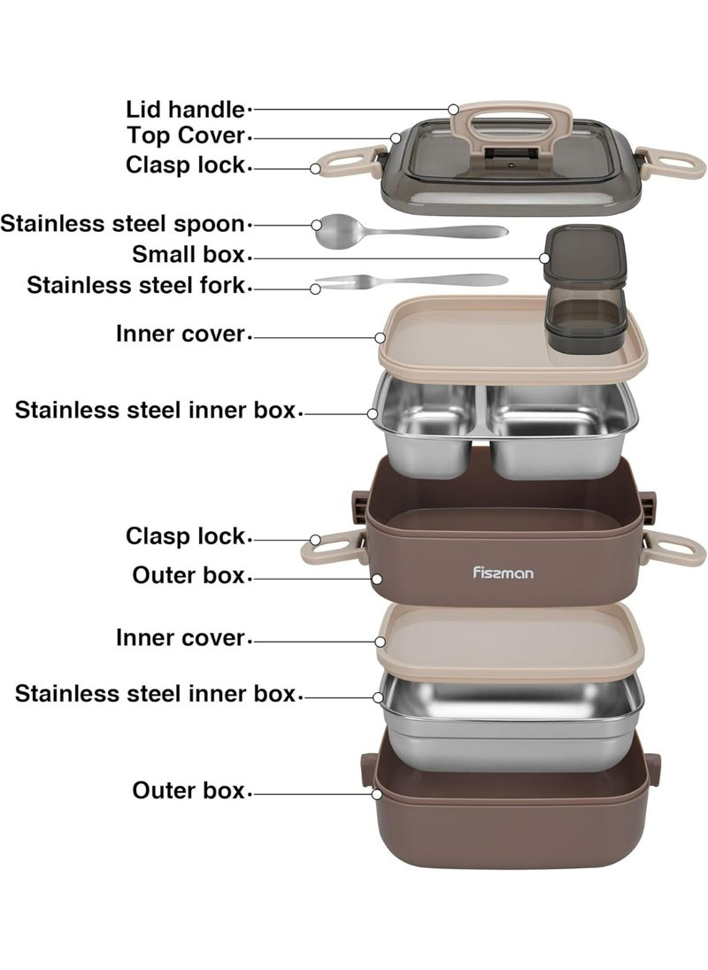 Fissman Double Deck Lunch Box 1.8L with Sauce Cup, Spoon and Fork Compartment, Food Grade Stainless Steel Container  - Image 3