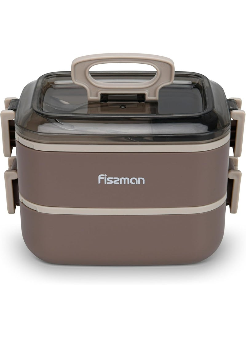 Fissman Double Deck Lunch Box 1.8L with Sauce Cup, Spoon and Fork Compartment, Food Grade Stainless Steel Container  - Image 1